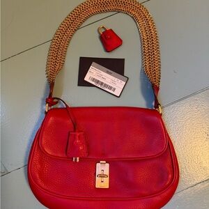 NWT Prada red, soft leather with rose-gold chain bag.